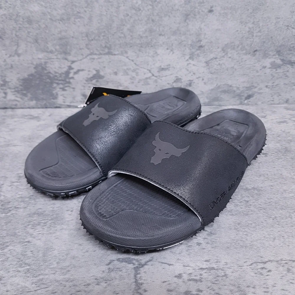 UNDER ARMOUR Project Rock Slides Mens 7 Womens 8.5‎ Black 3023762-001